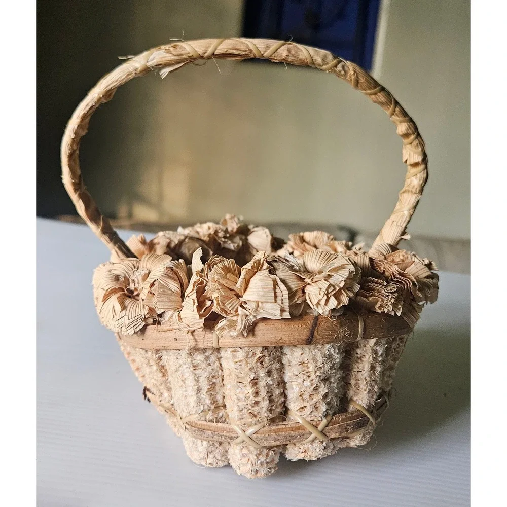 Vintage Natural Corn Husk and Cob Decorative Basket with Floral Trim Rustic Folk